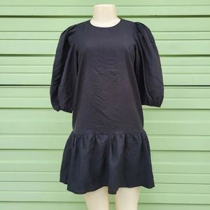 Zara Poplin Black Tiered Puff Sleeve Dress